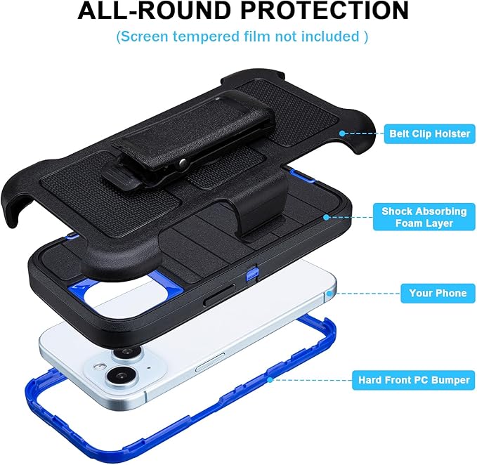for Rugged iPhone 15 Case with Belt Clip Holster, Military Grade Heavy Duty Shockproof Cover for iPhone15 Case Protective with Stand 6.1 Inch (Black+Blue)
