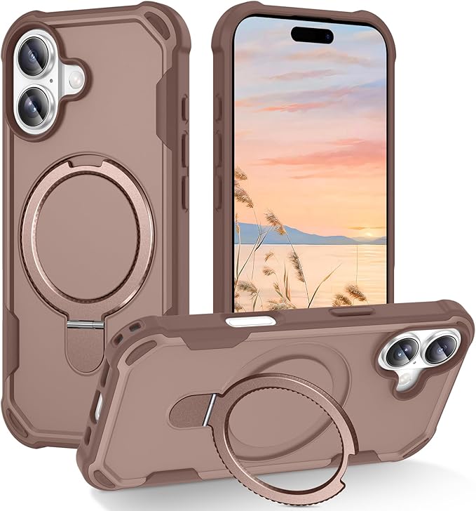 Compatible with iPhone 17 Case with Invisible Magnetic Ring Stand [Compatible with Magnetic] [Military Drop Protection] Shockproof Slim Hard Back Soft Edge Case 6.3 Inch, Khaki