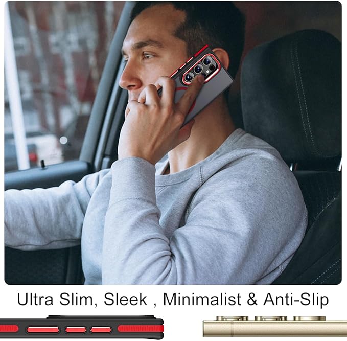 Magnetic Case for Samsung Galaxy S24 Ultra with Stand, Compatible with MagSafe, Anti-Slip Cover & Shockproof, Slim Translucent Back for Galaxy S24 Ultra Phone Case (Black/Red)