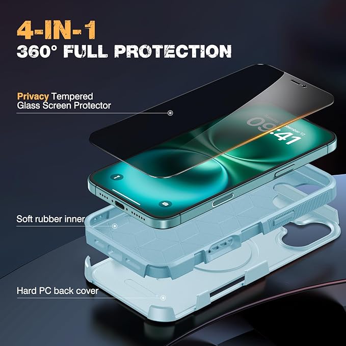Diaclara Designed for iPhone 16 Case, [with Privacy Screen Protector] [Anti Spy] [Military Grade Drop Protection] Heavy Duty Full-Body Shockproof Phone Case, Magnetic Green