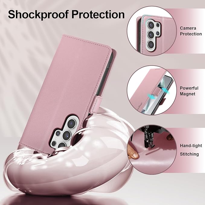 Wallet Flip Case for Samsung Galaxy S25 Ultra 5G - [RFID Blocking] Luxury PU Leather Card Holder Magnetic Phone Cover with Kickstand,Shockproof Protective Case,Pink