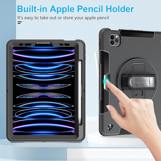 Case for iPad Pro 11 Inch 2022/2021/ 2020/2018: Cover for iPad 11 Inch 4th/ 3rd/ 2nd/ 1st Generation with Screen Protector- Stand- Handle- Shoulder Strap- Pencil Holder Black