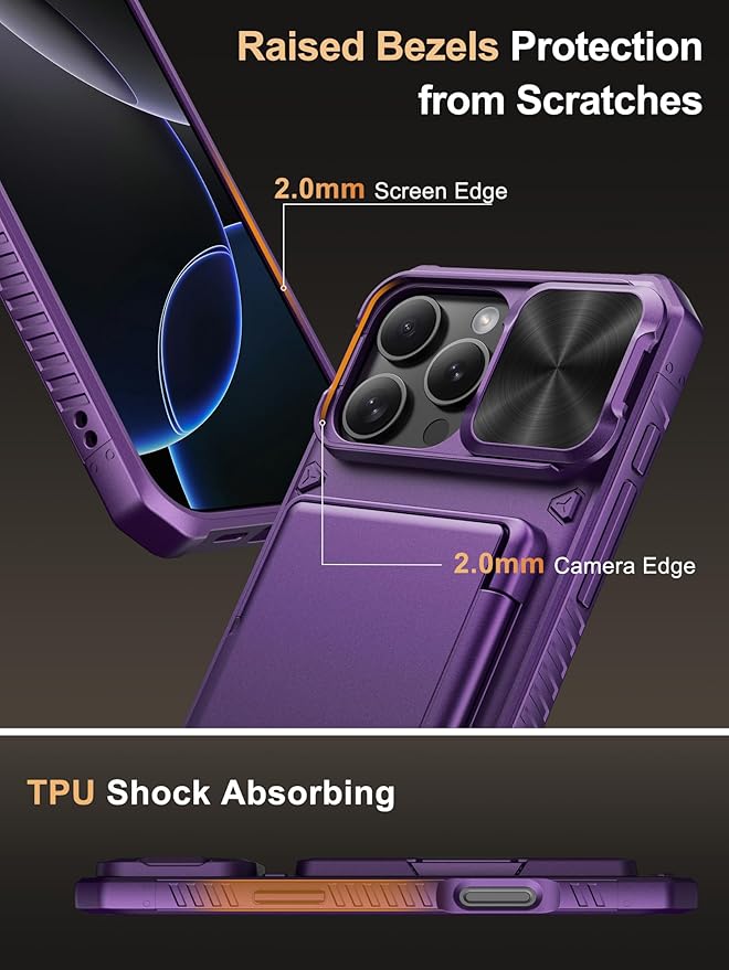 Vihibii for iPhone 16 Pro Max Case Wallet with Card Holder (4 Cards) [RFID Blocking] & Slide Camera Cover, Military Grade Drop Protection, Hard Back & Silicone Edge Phone Case 6.9" 2024, Dark Purple