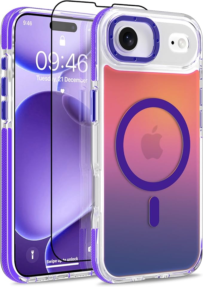 MOWIME Magnetic Case for iPhone Air [Compatible with Magsafe] [Cute Fashion Fluorescent Design] [1 Screen Protector] Slim Translucent Matte Case for iPhone Air 6.5" 2025, Purple