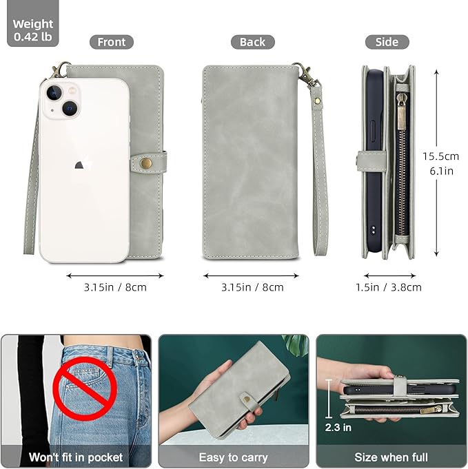 TwoHead Wallet Case Compatible with iPhone 15,Detachable Magnetic Phone Case,All-Round Protective Leather Phone Case with Card Holder,6.1 in,Gray