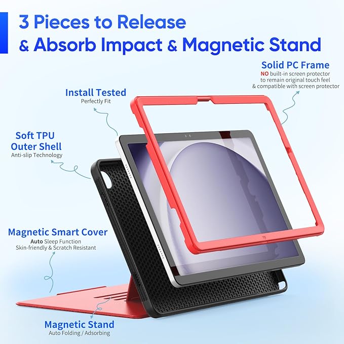 SEYMAC stock Case for Samsung Galaxy Tab A9+ Plus 11'', Auto Sleep/Wake Case with Magnetic Multi-Angles Stand, Card Slot for Galaxy Tab A9+/ A9 Plus 11'' SM-X210/X216/X218, (Red)