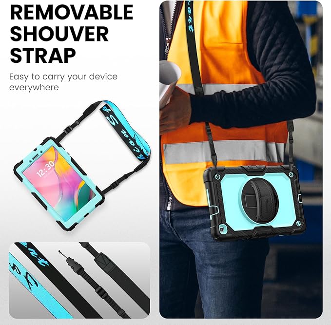 Timecity Tablet Case for Samsung Galaxy Tab A 8.0 2019 Release (Only Fit SM-T290/T295/T297), Tablet Case Protector with Rotating Stand Screen Protector Handle Shoulder Strap, Black/Light Blue