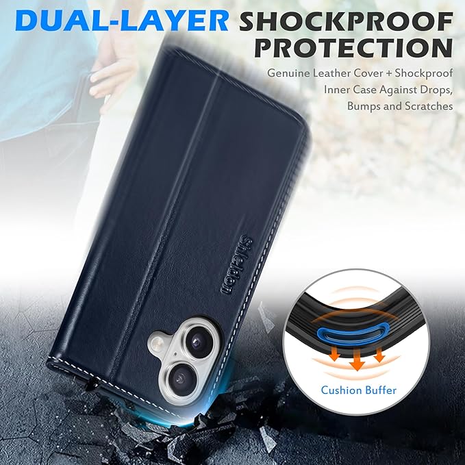 SHIELDON Real Leather Wallet Case for iPhone 17 6.3-inch 2025 | Magnetic Closure | RFID Blocking Card Slot | Kickstand | Shock-Absorbent | Soft Interior Phone Cover | Retro Dark Blue