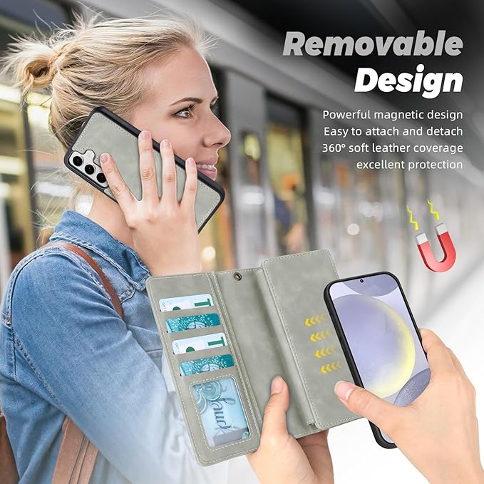 TwoHead for Samsung Galaxy S24 Plus Wallet Case with Card Holder,Detachable Magnetic Phone Case for Galaxy S24 Plus,PU Leather All-Round Protective Phone Cover Wallet with Strap(6.6 in,Gray)