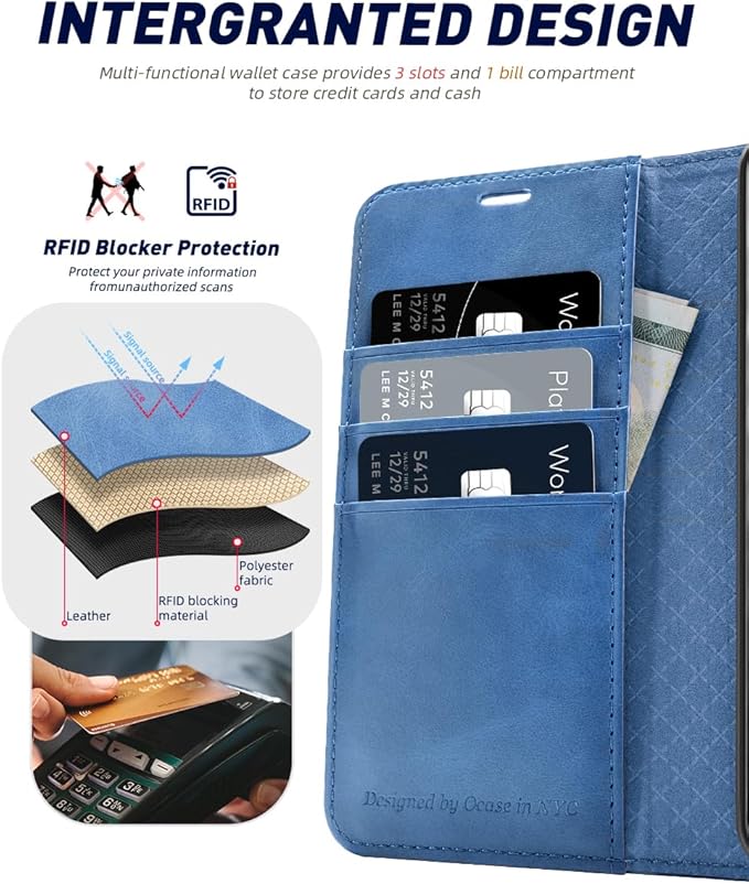 OCASE Compatible with Galaxy S24 5G Wallet Case, PU Leather Flip Folio Case with Card Holders RFID Blocking Kickstand [Shockproof TPU Inner Shell] Phone Cover (2024), Light Blue