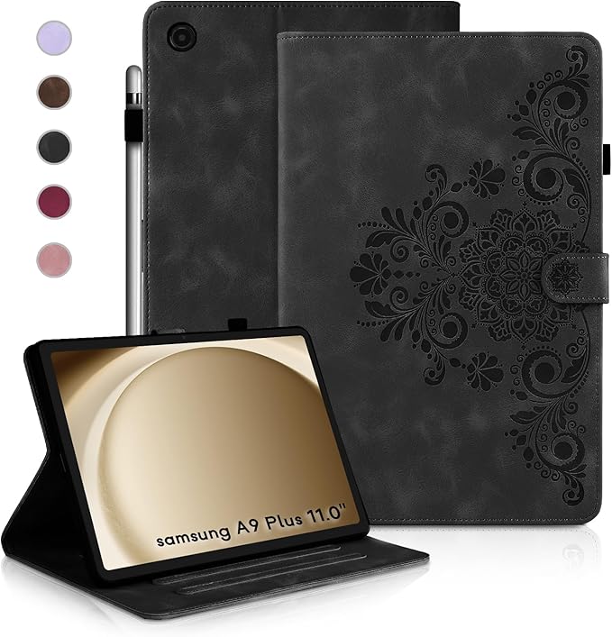 Case for Galaxy Tab A9+ Case 11 Inch, Retro Samsung Galaxy Tab A9 Plus Cover SM-X210/215 with Carved Flap, Magnetic Buckles Design, Stand Function Black