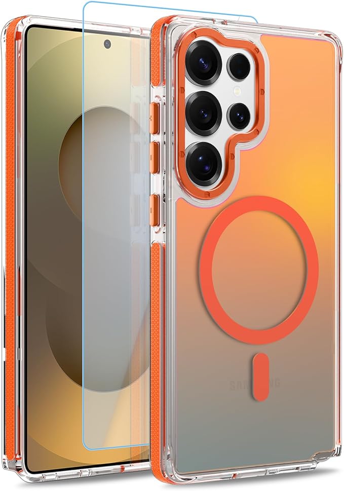 MOWIME Magnetic Case for Samsung Galaxy S25 Ultra [Compatible with Magsafe] [Cute Fashion Fluorescent Design] [1 Screen Protector] Slim Translucent Matte Case for Galaxy S25 Ultra 6.9", Orange