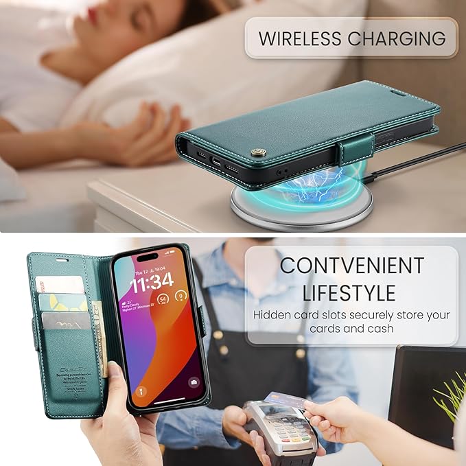 for iPhone 15 Pro Max Case, Premium PU Leather Wallet Case Flip Cover with [RFID Blocking][Card Holder][Stand Function] Shockproof Protective for iPhone 15 Pro Max 6.7", Blue-Green