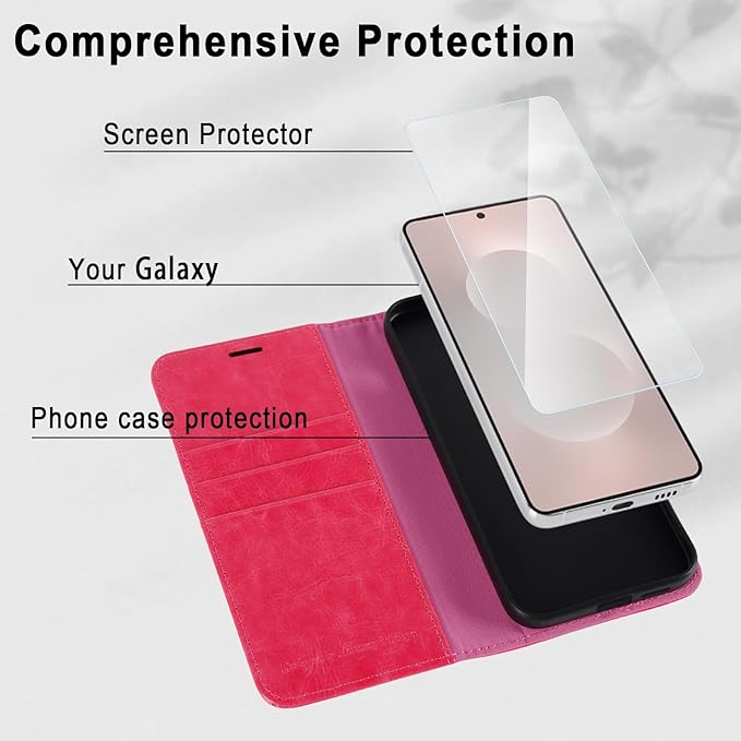 MONASAY Wallet Case Fit for Samsung Galaxy S25 Edge 5G，[Lens & Glass Screen Protector] [RFID Blocking] Flip Folio Leather Cell Phone Cover with Credit Card Holder, 6.7 inch, Hot-Pink