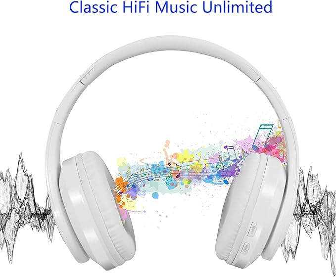 Wireless Bluetooth Headphones with Colorful LED Lights, Built-in Mic, Light Weight, Foldable, Wired HiFi Stereo Headphones for Classroom/Home Office/PC/Mobile Phone/Kids Adult (White)