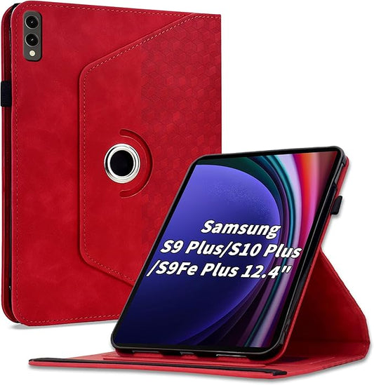 Case for Samsung Galaxy Tab S10 Plus 2024/ S9 Plus/S9FE Plus 12.4,360 Degree Rotating PU Leather Folio Protective Cover with Auto Sleep/Wake,Card Holder&Shoulder Strap for Woman Man, Red