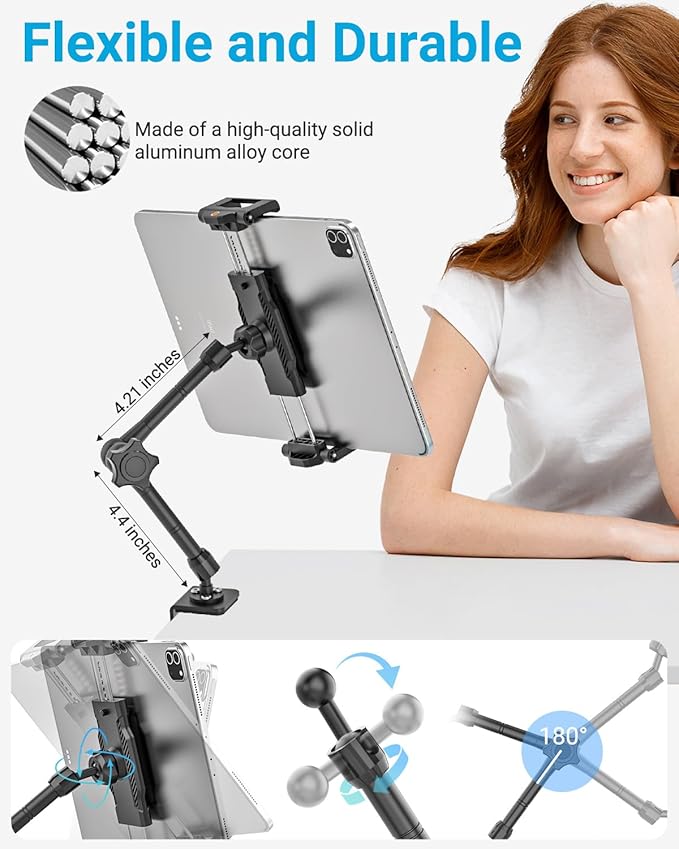 Metal Desk Tablet Mount, Fit for 6.1-15.6" Devices, Adjustable Phone Stand for Kitchen, Cabinet, Table, with 360° Foldable Rotation Aluminum Arm, Compatible with iPad Pro/Air/Mini, Galaxy Tab