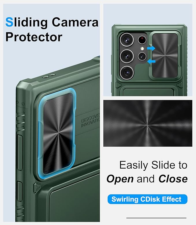 for Samsung Galaxy S23 Ultra Case with Card Holder (Store 4-5 Cards) & Kickstand & Slide Lens Cover, Military Grade Drop Protection, Rugged Silicone Wallet Case for Samsung S23 Ultra, Green