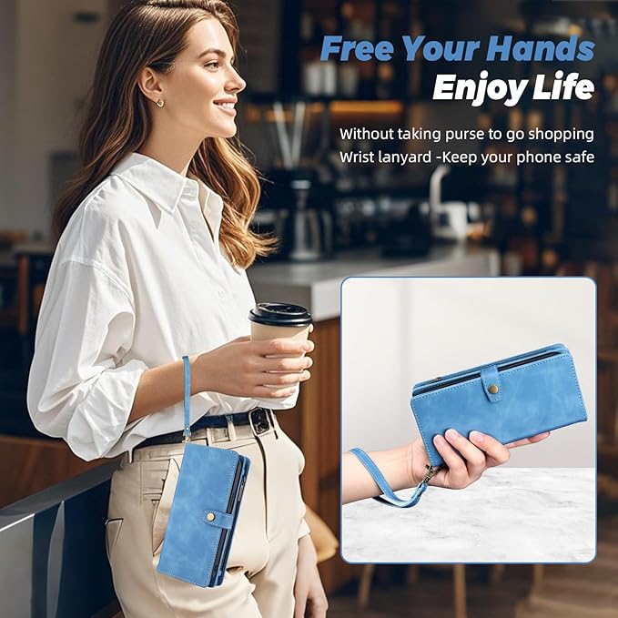 TwoHead for Samsung Galaxy S24 Plus Wallet Case with Card Holder,Detachable Magnetic Phone Case for Galaxy S24 Plus,PU Leather All-Round Protective Phone Cover Wallet with Strap(6.6 in,Sky Blue)