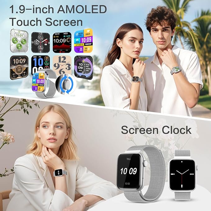 2025 Smart Watches Blood Pressure, 1.9" AMOLED Display with Bluetooth Call, Smartwatch with Da GPT AI/AI Watch Face, 24/7 Heart Rate Stress Sleep Monitor, IP68 Waterproof, Compatible with Android iOS