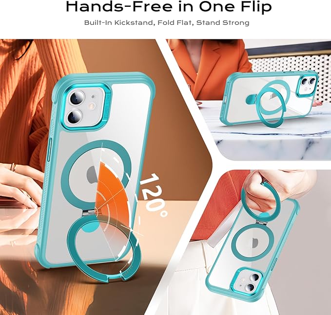 Anqrp O-Ring Magnetic Kickstand Clear Case for iPhone 12/12 Pro, Compatible with Mag-Safe, Military-Grade Reinforced 4-Corners Anti-Yellowing Transparent Phone Case Cover for iPhone 12/12 Pro, Teal