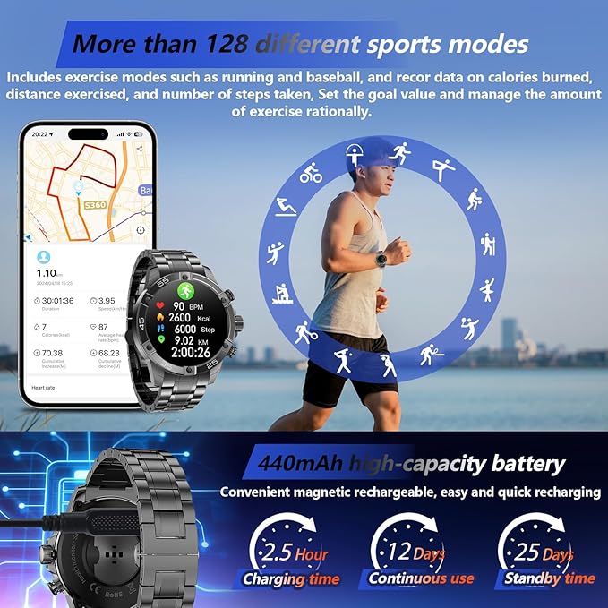 Smartwatch for Men 1.53-Inch Luxury Business Sports & Fitness Men's Watch, IP67 Water Resistant, 440mAh Extended Standby, Multi-Sport Mode and Monitor, Supports IOS 8.0 and Android 4.4 (Steel Black)