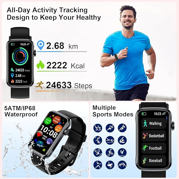 Smart Watch, Smartwatch for Men Women with 24 Sport Modes, IP68 Waterproof Fitness Tracker with 24/7 Heart Rate/Sleep/SpO2 Monitor, Step Tracker, Pedometer, Activity Tracker for Android iOS