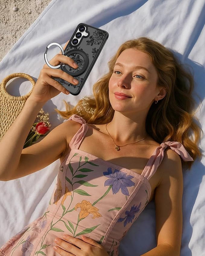 for Samsung Galaxy A16 4G/5G Case with 360° Rotatable Magnetic Ring - Semi-Transparent Anti-Fingerprint Soft-Touch Material Shockproof, Cute Line Art Flower Design for Women Girl