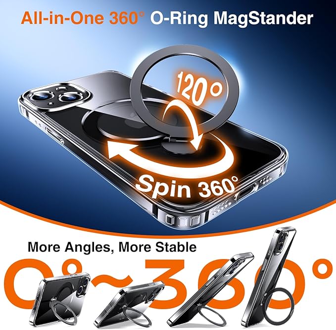 360° O-Ring MagStander for iPhone 15 Case with Magnetic Kickstand Ring Holder [Compatible with MagSafe][360°Rotate Stand Ring][Military Shockproof] iPhone 15 Phone Cover Clear