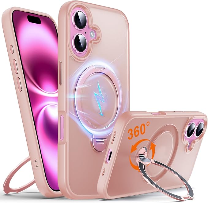 360° O-Ring MagStander for iPhone 16 Case with Magnetic Kickstand Ring Holder [Compatible with MagSafe][360°Rotate Stand Ring][Military Shockproof] Magnet iPhone 16 Phone Cover Matte Pink