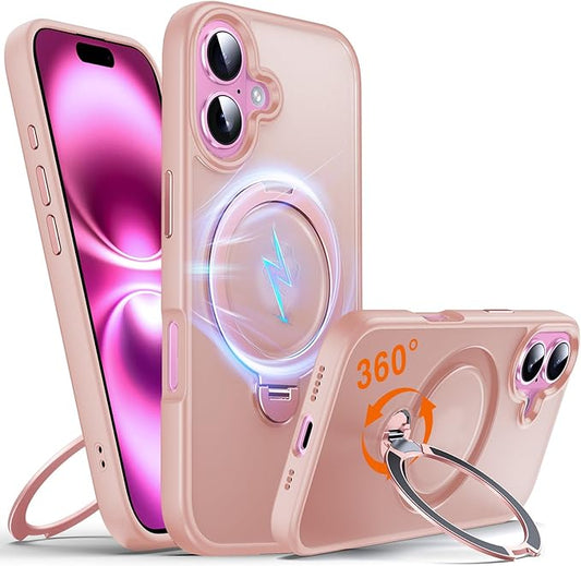360° O-Ring MagStander for iPhone 16 Case with Magnetic Kickstand Ring Holder [Compatible with MagSafe][360°Rotate Stand Ring][Military Shockproof] Magnet iPhone 16 Phone Cover Matte Pink