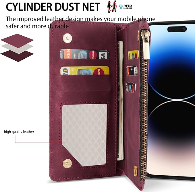 ZZXX For iPhone 14 Pro Max Case Wallet With [RFID Blocking] Card Slot Soft PU Leather Zipper Flip Folio With Wrist Strap Kickstand Protective Cover For iPhone 14 Pro Max Wallet Case(Wine Red-6.7 inch)