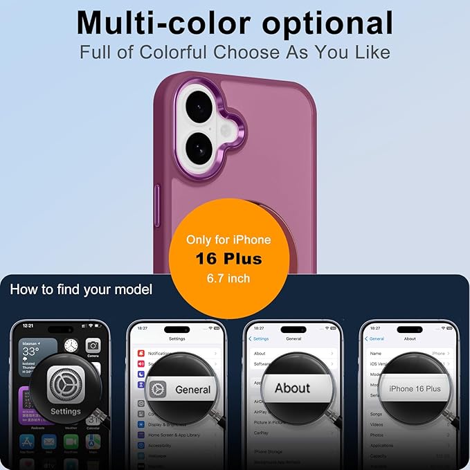 ZIYE Wine Red Case for iPhone 16 Plus Case with Stand [Compatible with MagSafe] Slim Heavy Duty Protection Military Grade Shockproof Magnetic Cover with 360 Rotatable Ring Kickstand for Women Men