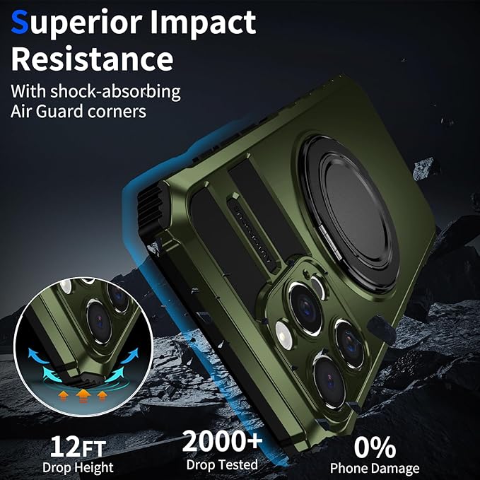 for iPhone 16 Pro Case Magnetic Compatible with Wireless Charging,16 Pro Phone Case with 2 Screen Protector,Built-in Kickstand Ring Military Grade Drop Shockproof Heavy Duty Protection Green