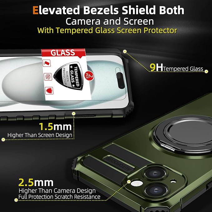 for iPhone 15 Case Compatible with MagSafe Magnetic,with 2 Tempered Glass Screen Protectors,Built-in 360°Kickstand Ring,Military Grade Drop Shockproof Heavy Duty Protection Phone Bumper Green