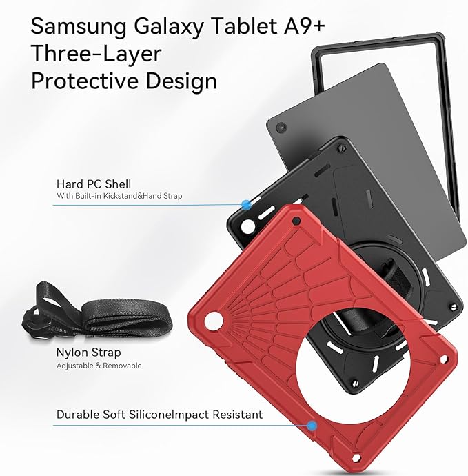 Case for Samsung Galaxy Tab A9 8.7 Inch 2023, 360° Rotating Stand, Hand Strap&Shoulder Strap Case for Samsung A9 Tablet(SM-X110/X115/X117) (Red)