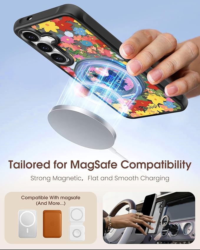 for Samsung Galaxy S25 Case with 360° Rotatable Magnetic Ring - Compatible with MagSafe, Semi-Transparent Soft-Touch Material Shockproof, Cute Black Cat & Flower Design for Women Girl