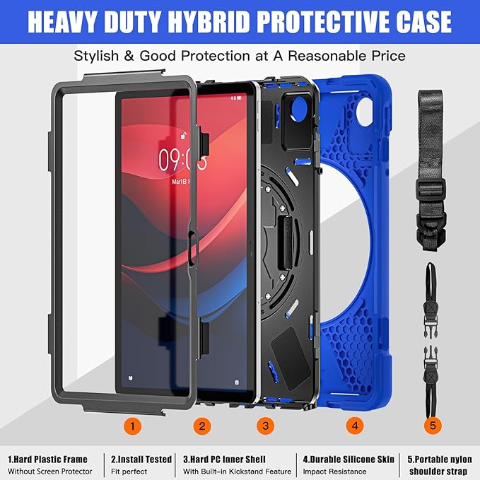 TSQQST Case for Lenovo Tab M11/ Tab K11 LTE 11" 2024 TB-330FU/TB330XU for Kids | Full Body Protection Case with Swivel Stand Hand Strap Shoulder Strap for Lenovo Xiaoxin Pad 2024 (TB331FC) | Blue