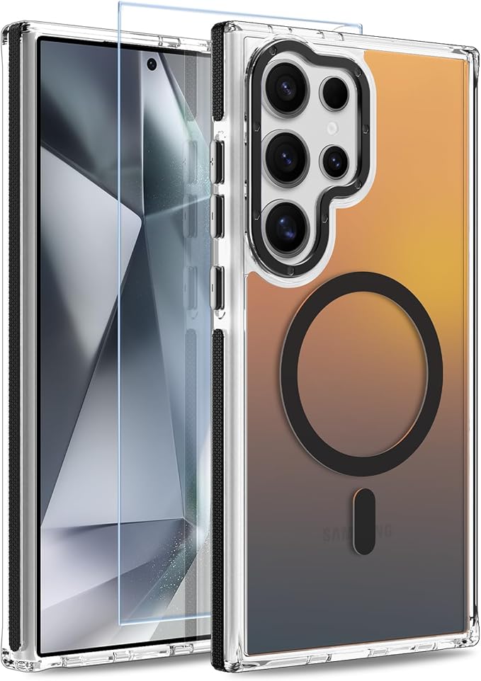 MOWIME Magnetic Case for Samsung Galaxy S24 Ultra [Compatible with Magsafe] [Cute Fashion Fluorescent Design] [1 Screen Protector] Slim Translucent Matte Case for Galaxy S24 Ultra 6.8", Black