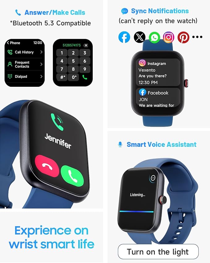 Smart Watch for Men Women, Alexa Built-in, Answer/Make Calls, 1.91" HD Screen Fitness Watch, IP68 Waterproof, 100 Sports, Heart Rate Monitor, Sleep Tracker, Compatible Android iOS, Blue