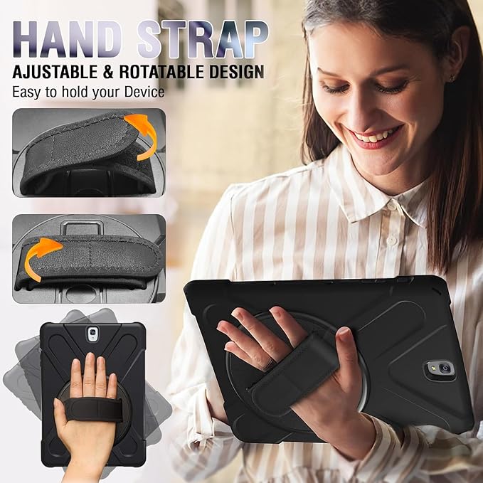 DreamerX for Samsung Galaxy Tab S3 9.7 Case T820/T825/T827, Heavy Duty Rugged Full Body Drop Protective Silicone Cover for Kids with Rotating Stand Handle Hand Strap Carrying Shoulder Strap, Black