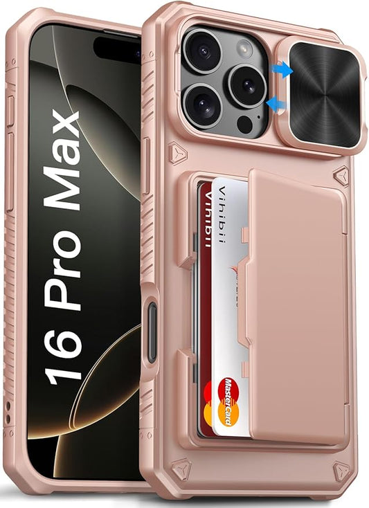 Vihibii for iPhone 16 Pro Max Case Wallet with Card Holder (4 Cards) [RFID Blocking] & Slide Camera Cover, Military Grade Drop Protection, Rugged Back & Silicone Edge Phone Case 6.9" 2024, Rose Gold