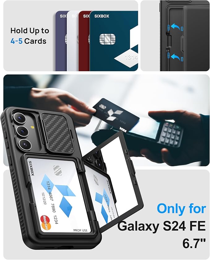 for Samsung Galaxy S24 Fe Case with Card Holder, Built-in & Kickstand & Camera Cover, Full Body Protective Rugged Multifunctional Wallet Stand Phone Cover Case for S24 Fe 6.7" 2024, Black