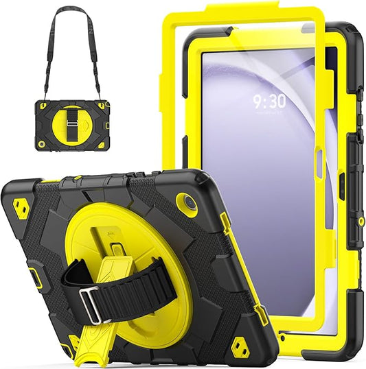 HXCASEAC Case for Samsung Galaxy Tab A9 Plus/A9+ 11 Inch with Screen Protector/Adjustable Hand Strap/Pen Holder, 3-Layer Drop Proof SM-X210/X216/X218 - Yellow