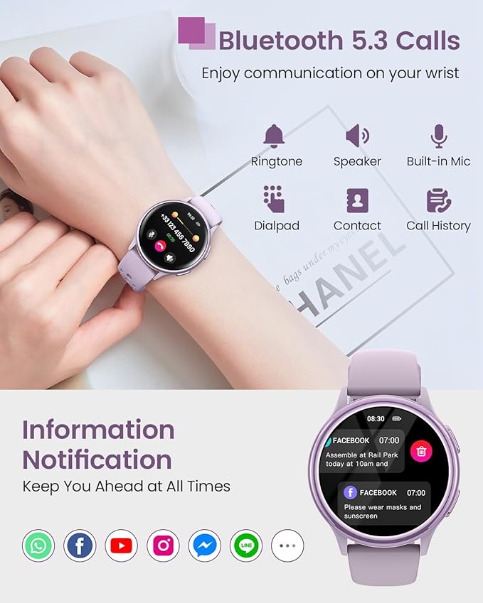 Smart Watches for Women, 42mm Smart Watch with 400+ Watch Face, 70+ Sport Modes, 24/7 Heart Rate, Sleep Monitor, Answer/Make Calls, Waterproof Activity Fitness Tracker for Android & iPhone (Purple)