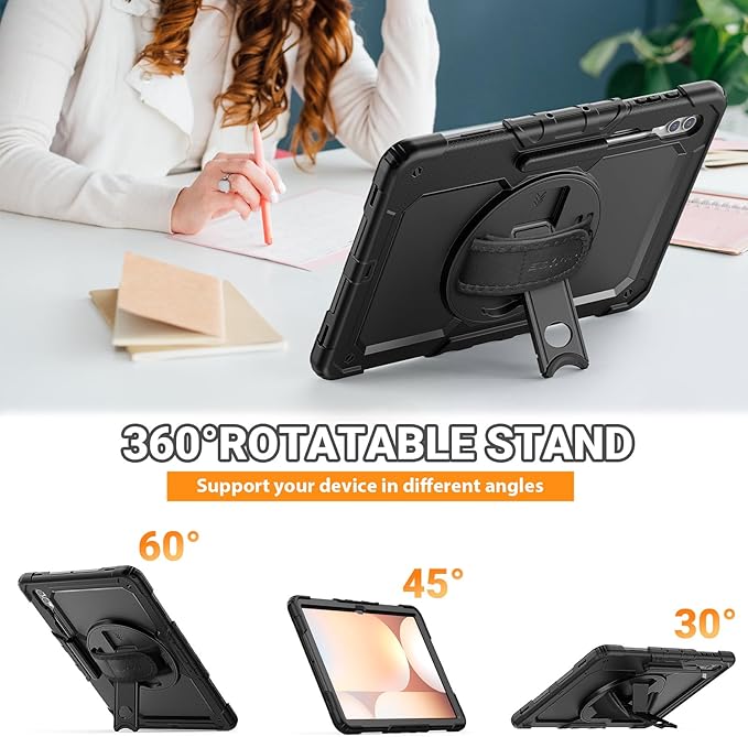 SEYMAC for Samsung Galaxy Tab S10 Ultra 2024/ S9 Ultra/ S8 Ultra Case 14.6 Inch, Heavy Duty Shockproof Protective Case with Screen Protector, Stand, Hand/Shoulder Strap and Pen Holder, Black
