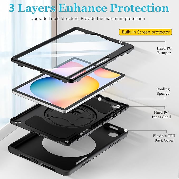 Case for Galaxy Tab S6 Lite 10.4 Inch 2024/2022/2020 : Military Grade TPU Shockproof Cover with Screen Protector - Stand - Shoulder Strap - Handle - S-Pen Holder for Samsung Tablet S6 Lite - Black