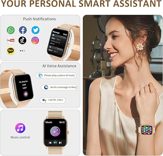 Smart Watch for Women Men(Answer/Dial Calls) 1.83" HD AI Voice Smartwatch with Fitness/Step Tracker/Heart Rate/Sleep/Stress Monitor, 120+ Sports Modes IP68 Waterproof for IOS/Android, Gold/3 Bands