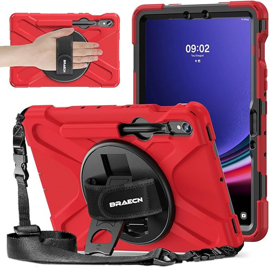 BRAECNstock for Samsung Galaxy Tab S10 Lite/ S10 FE/ S9 FE/ S9/ S8/ S7 5G Case 10.9"/ 11", Shockproof Protective Kids Case with Pencil Holder, Rotating Hand Strap & Stand, Shoulder Strap, Red