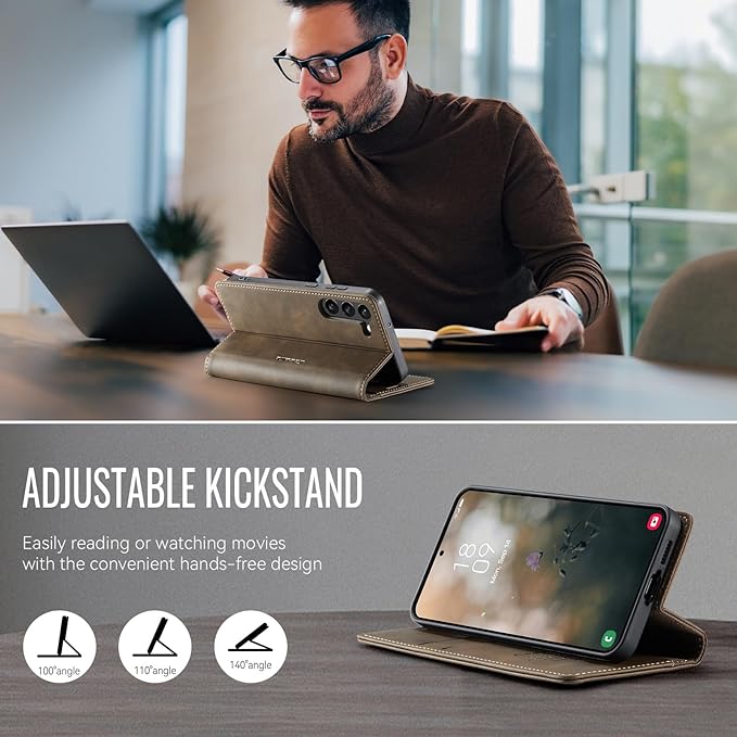 Wallet Case for Samsung Galaxy S23 5G Leather Wallet Flip Cover with Card Holder, Kickstand, Magnetic Closure, RFID Blocking TPU Shockproof Phone Case Compatible with Galaxy S23, Coffee